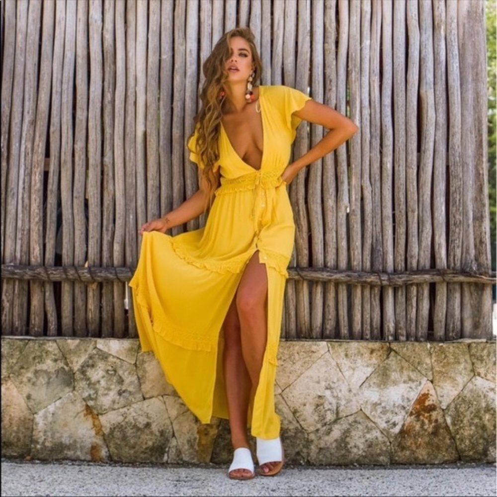 Yellow Deep V Maxi Dress